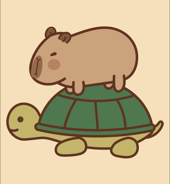 Capybara chibi đứng trên con rùa