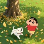 Hình Shin bựa dắt chó Bạch Tuyết đi dạo chơi