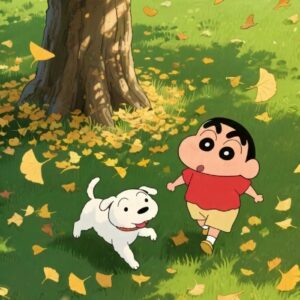 Hình Shin bựa dắt chó Bạch Tuyết đi dạo chơi