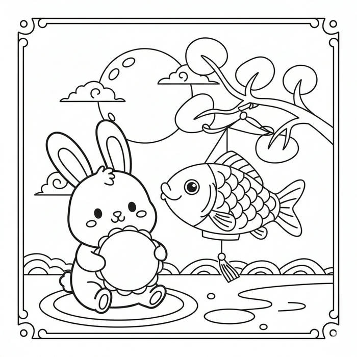 Hình tô màu thỏ ngọc và đèn lồng