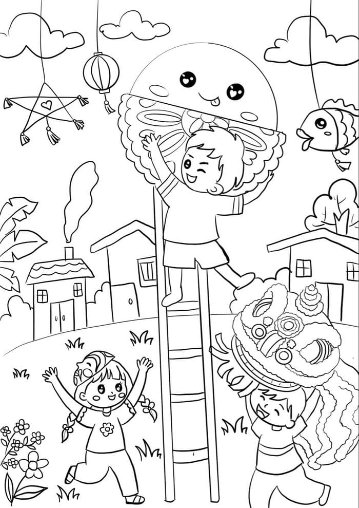 Tô màu trung thu múa lân nhộn nhịp