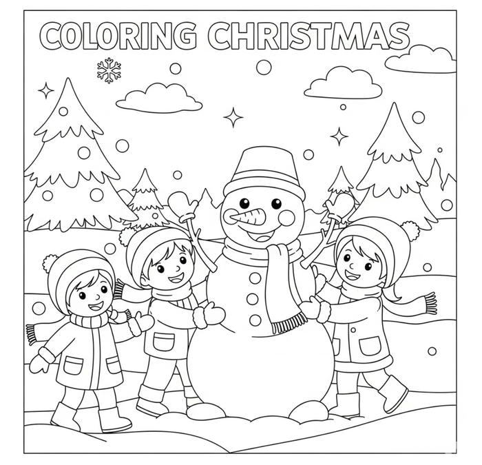 Tranh người tuyết và các bạn nhỏ tô màu Noel