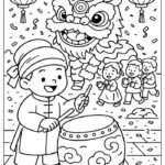 Tranh tô màu múa lân đánh trống