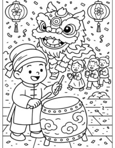 Tranh tô màu múa lân đánh trống