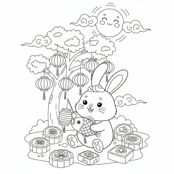 Tranh tô màu thỏ ngọc và bánh trung thu