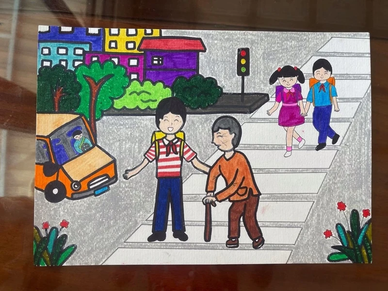 Tranh vẽ con đường đến trường đầy màu sắc