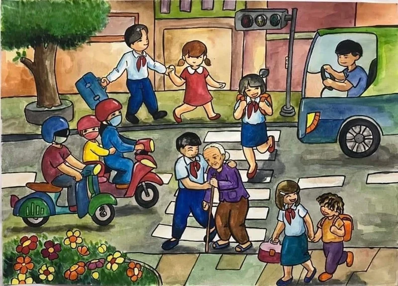 Tranh vẽ con đường đến trường dễ thực hiện