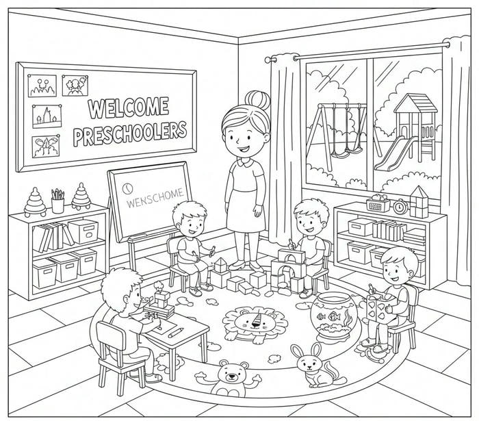 ành tô màu bé học bài trong lớp học