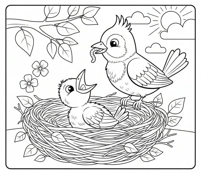 ảnh tô màu chim mẹ cho con ăn