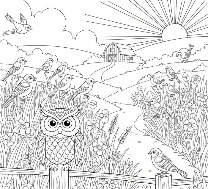 ảnh tô màu chim trên cánh đồng