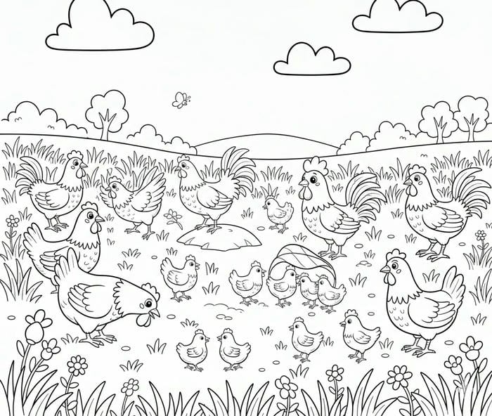 ảnh tô màu đàn gà trống trên cánh đồng