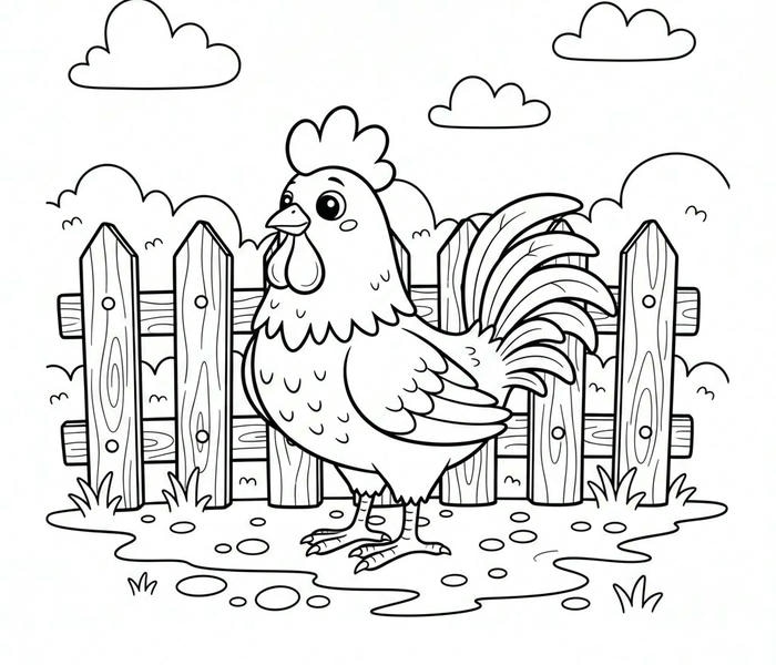 ảnh tô màu gà trống cạnh hàng rào gỗ
