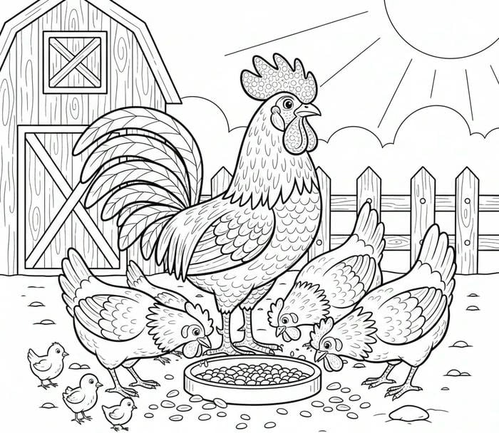 ảnh tô màu gà trống đang ăn