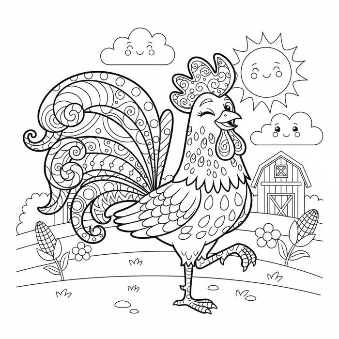 ảnh tô màu gà trống tạo dáng đáng yêu