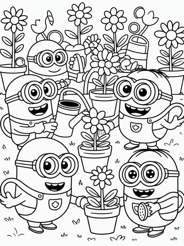 ảnh tô màu minion tưới hoa