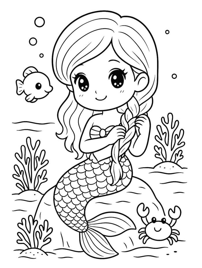 ảnh tô màu nàng tiên cá tết tóc