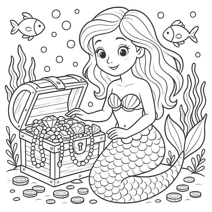 ảnh tô màu nàng tiên cá tìm kho báu