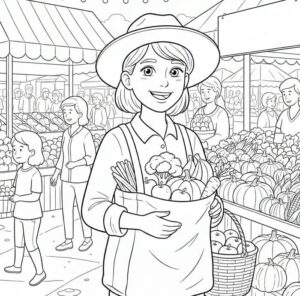 ảnh tô màu người mua rau củ quả