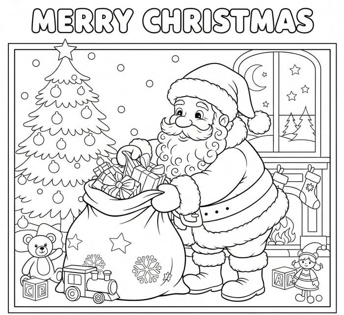 ảnh tô màu ông già noel bỏ quà vào túi