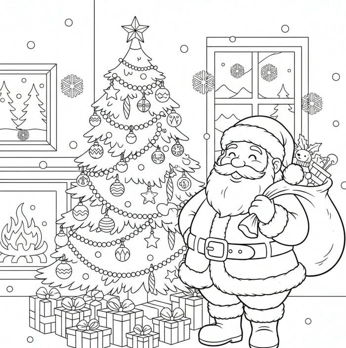 ảnh tô màu ông già noel đứng cạnh cây thông