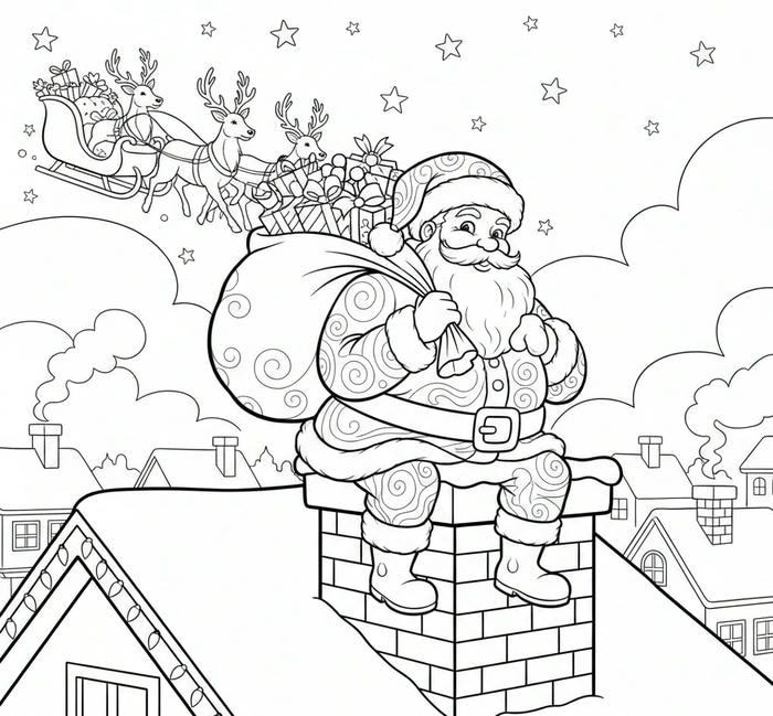 ảnh tô màu ông già noel trên mái nhà