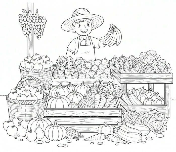 ảnh tô màu rau củ quả được bày bán