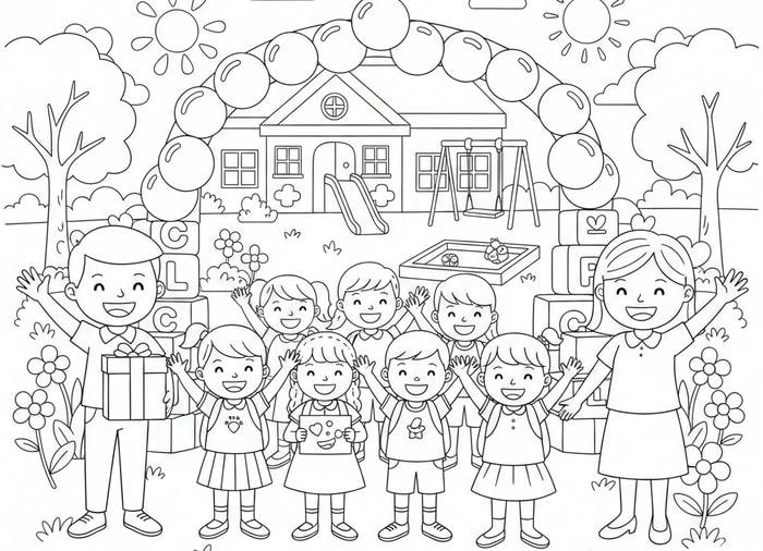 ảnh tranh tô màu chủ đề trường mầm non mới