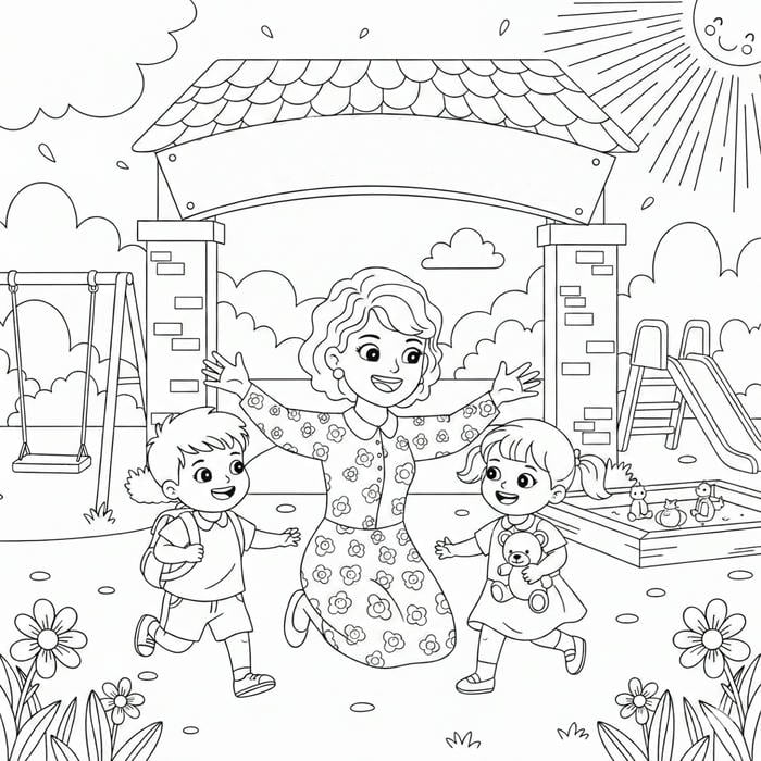 ảnh tranh tô màu cô giáo đón trẻ