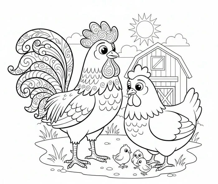 ảnh tranh tô màu con gà trống và gà mái