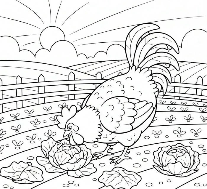 ảnh tranh tô màu gà trống ăn rau