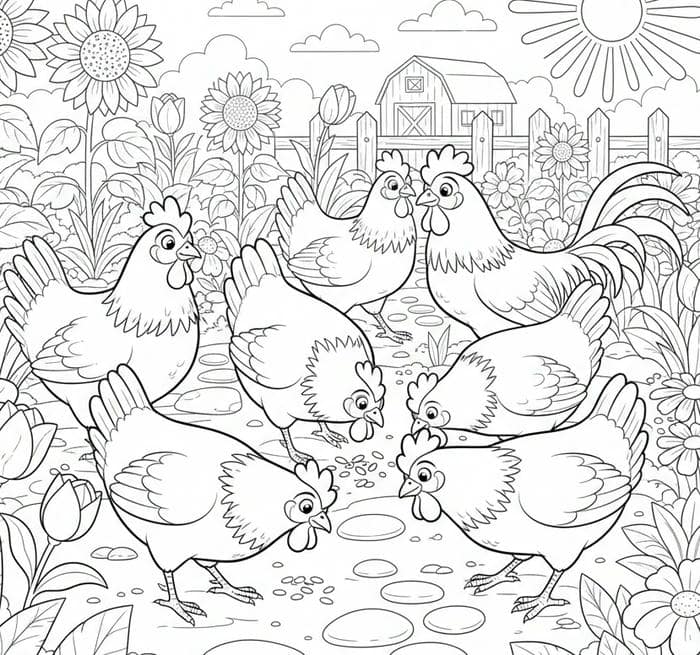 ảnh tranh tô màu gà trống trong vườn hoa
