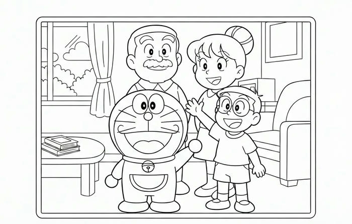 ảnh tranh tô màu gia đình doraemon và nobita