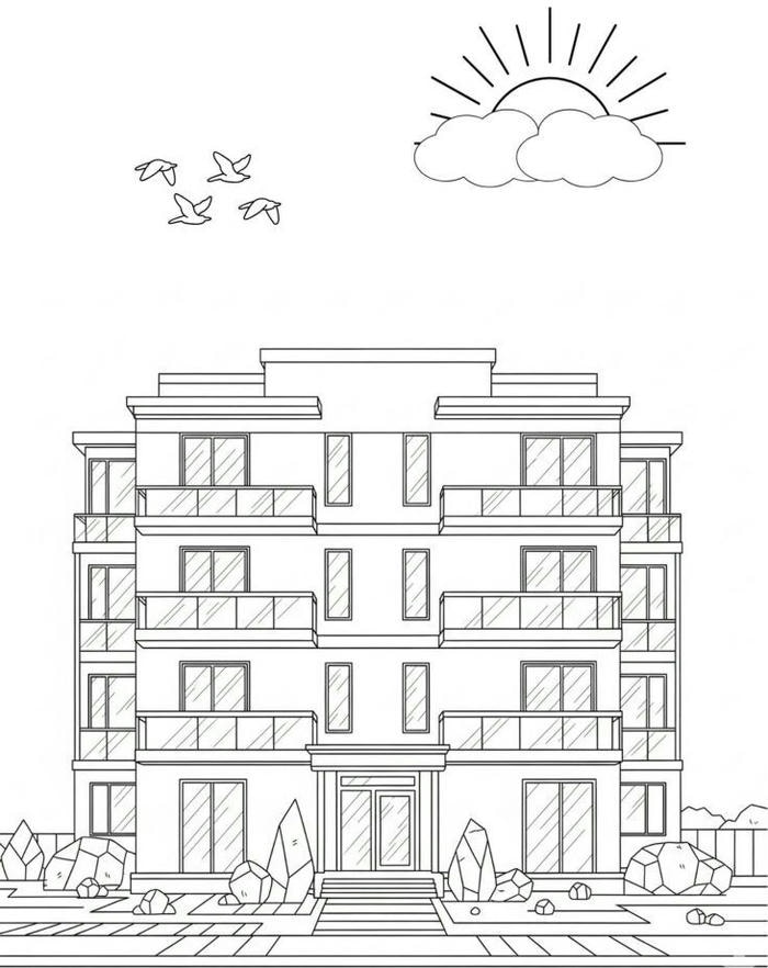 ảnh tranh tô màu nhà cao tầng mặt tiền