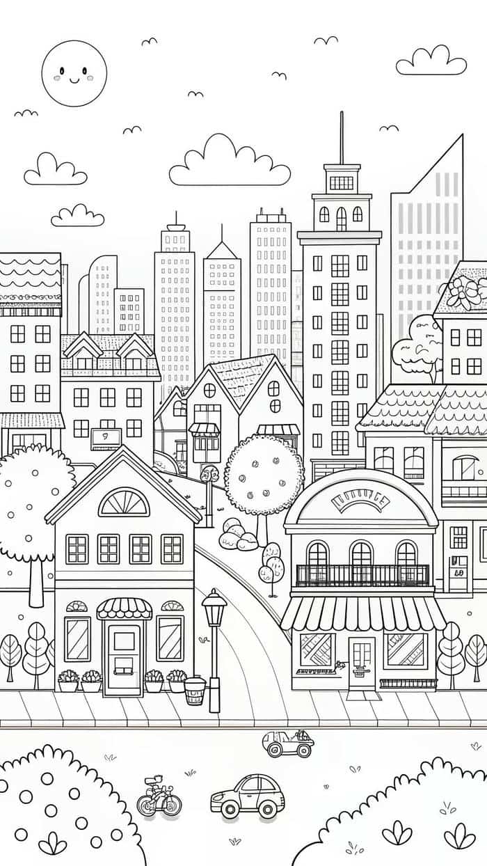 ảnh tranh tô màu nhà cao tầng ở trung tâm