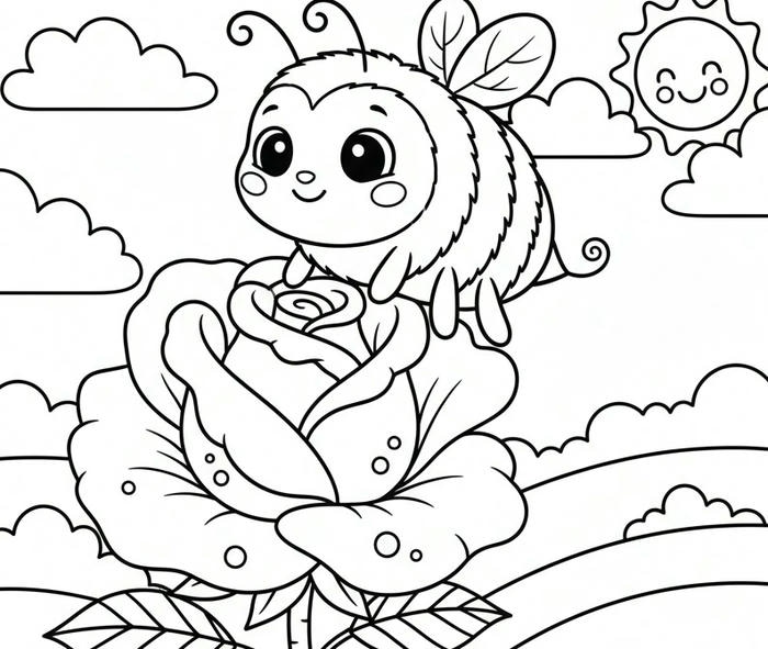 ảnh tranh tô màu ong trên hoa hồng