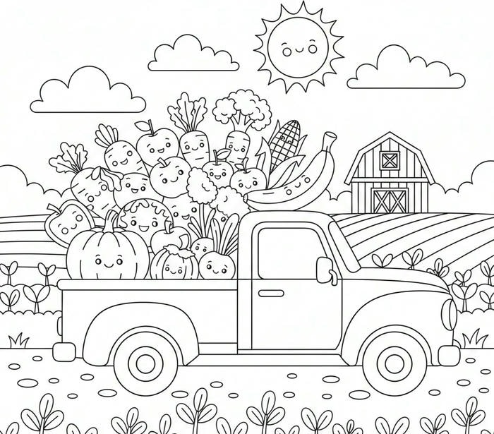 ảnh tranh tô màu rau củ quả trên xe tải