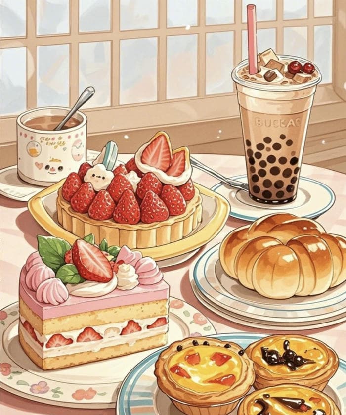 hình ảnh đồ ăn anime bánh kem dâu