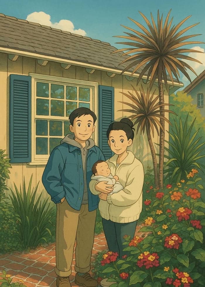 hình ảnh gia đình anime hàng cây