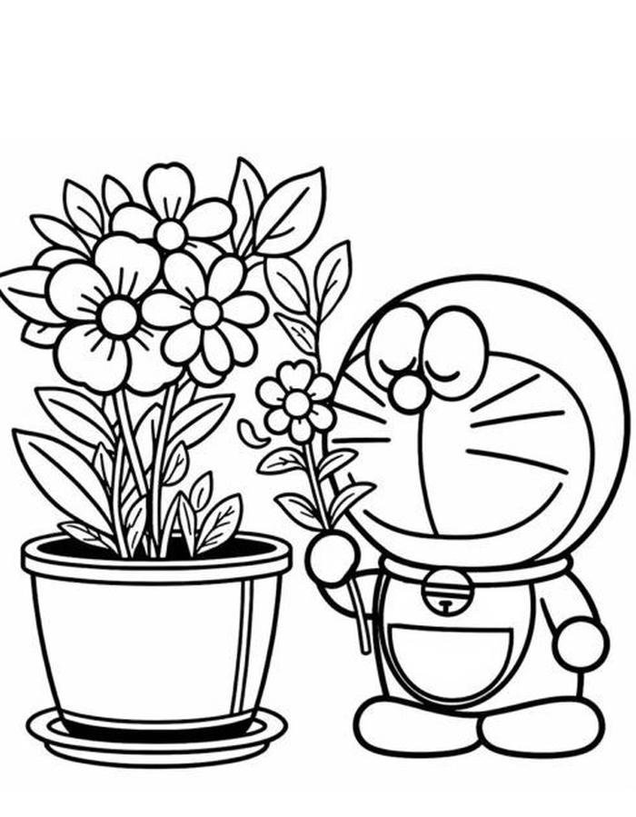 hình ảnh tô màu doraemon hái hoa