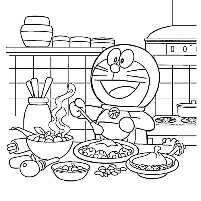 hình ảnh tô màu doraemon nấu ăn