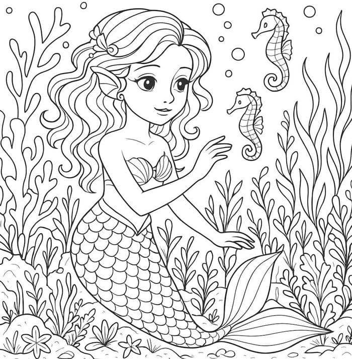 hình ảnh tô màu nàng tiên cá dưới đại dương