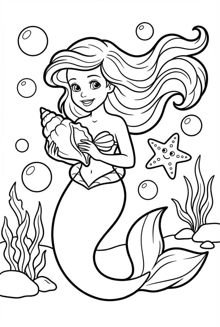 hình ảnh tô màu nàng tiên cá và ốc
