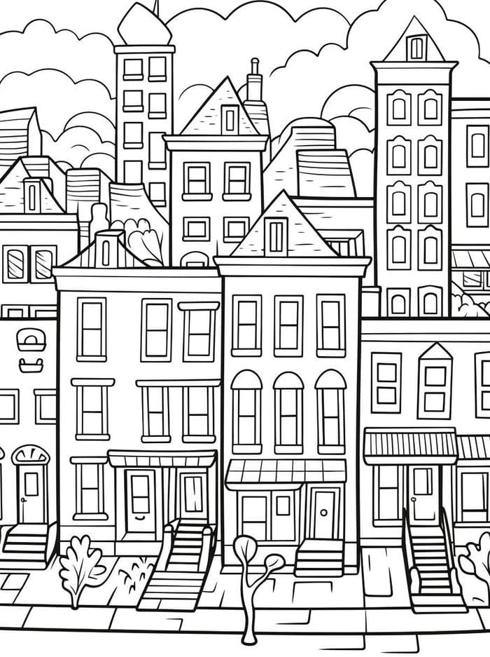 hình ảnh tranh tô màu tòa nhà đông đúc