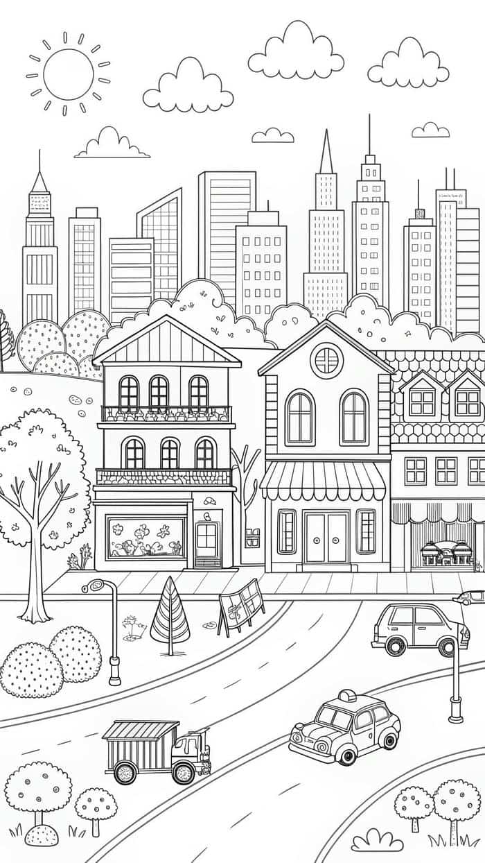 hình ảnh tranh tô màu tòa nhà nhiều ô cửa