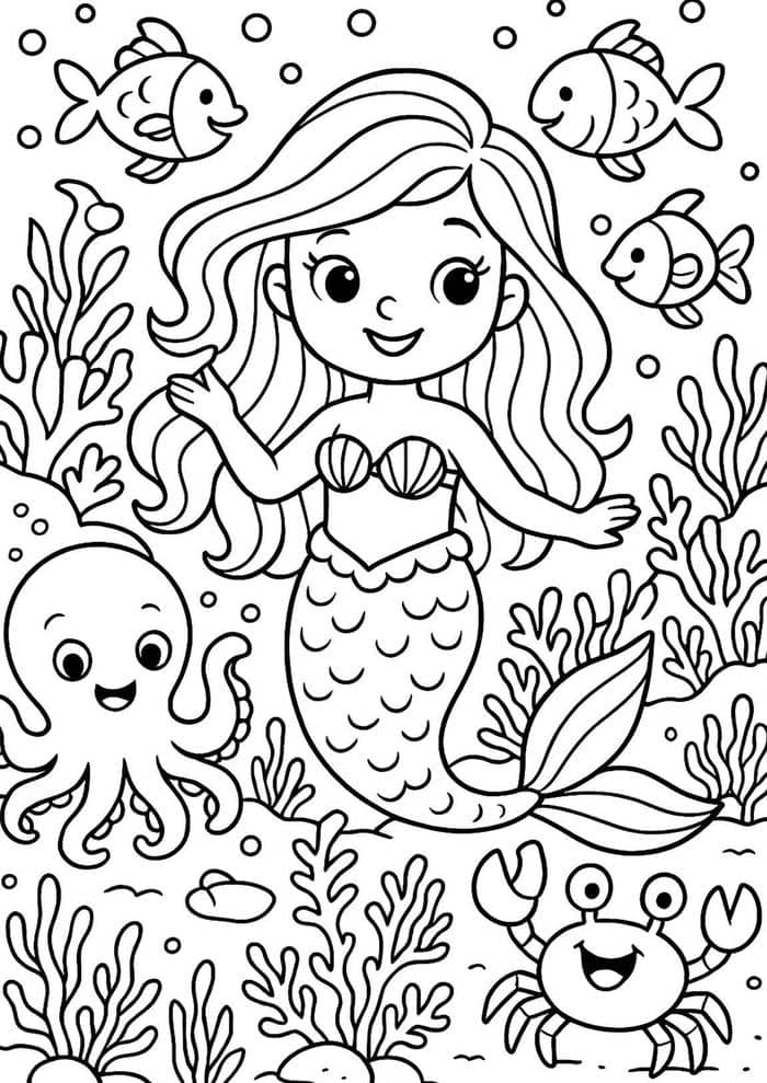 hình ảnh tranh tô nàng tiên cá phong cách chibi