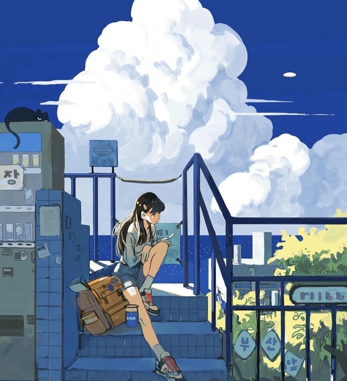 hình anime chill cây xanh xung quanh