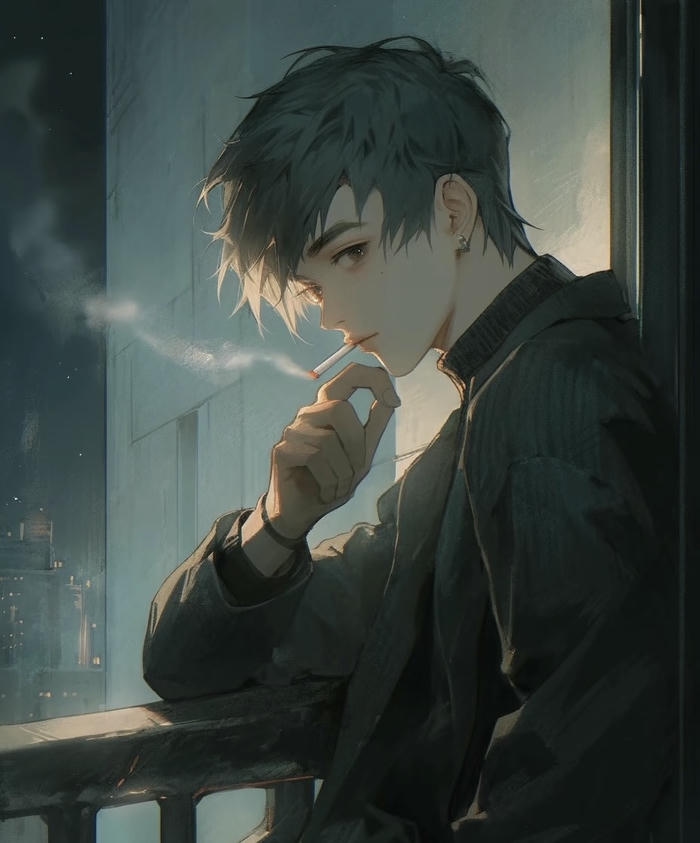 hình anime hút thuốc trời mưa nhẹ