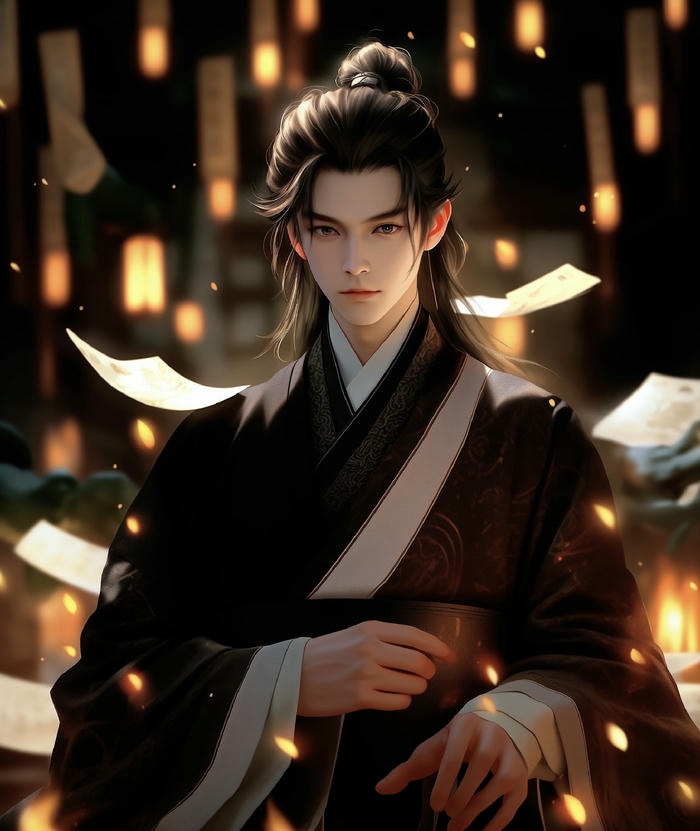 hình anime nam cổ trang đứng giữa sân