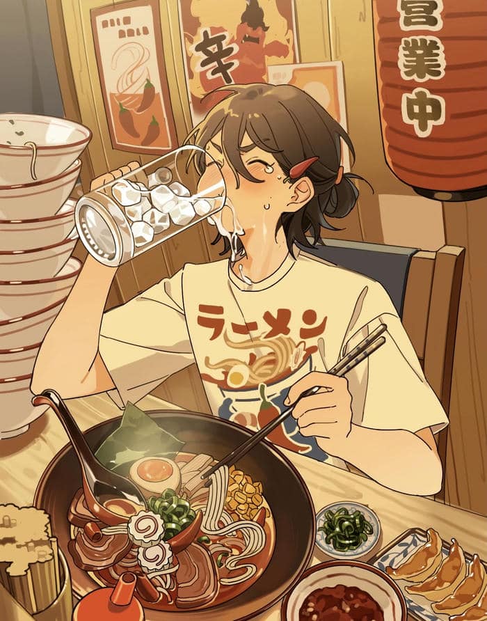 hình đồ ăn anime bàn ăn gỗ