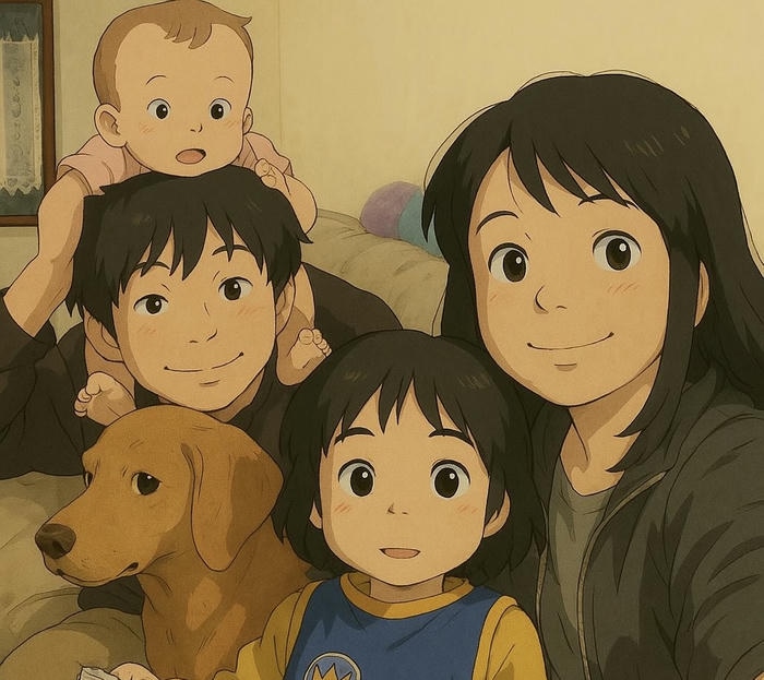 hình gia đình anime ngồi phòng khách